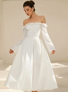 Aveloria Rosie Vestido de manga larga con diseño de volantes, hombros descubiertos, cintura fruncida y falda acampanada, en textura de satén blanco, de estilo retro francés elegante y romántico, adecuado para la temporada de bodas