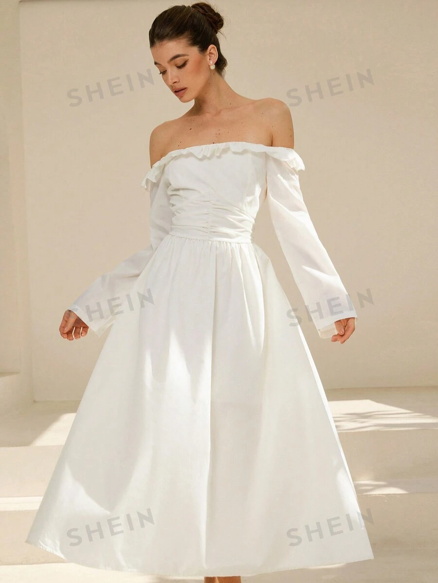 Aveloria Rosie Vestido de manga larga con diseño de volantes, hombros descubiertos, cintura fruncida y falda acampanada, en textura de satén blanco, de estilo retro francés elegante y romántico, adecuado para la temporada de bodas