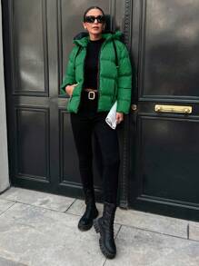 RueChic Zip Up Drawstring Hooded Puffer Coat - Green - View 5