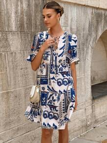 Breezaya Tropical Print Ruffle Sleeve Vacation Style Dress For Women