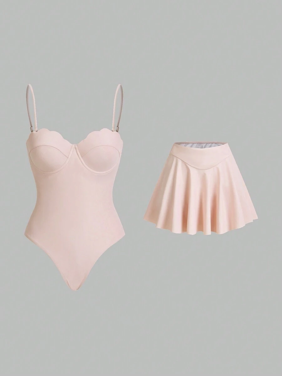 Sweetra Women's Pink Shell Cup Romantic Sweet Sisterly Princess Style One-Piece Swimsuit With Skirt, For Summer Beach Vacation - Pink - View 1