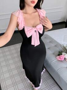 SHEIN Váy ngủ Babydoll họa tiết nơ lưới và bèo nhún thanh lịch dành cho nữ - màu đen - Xem 3