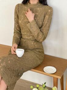 DAZY 优雅淑女蕾丝收腰紧身中长连衣裙，成熟气质，秋季连衣裙长袖连衣裙奢华舞会礼服 - 卡其色 - 查看 6