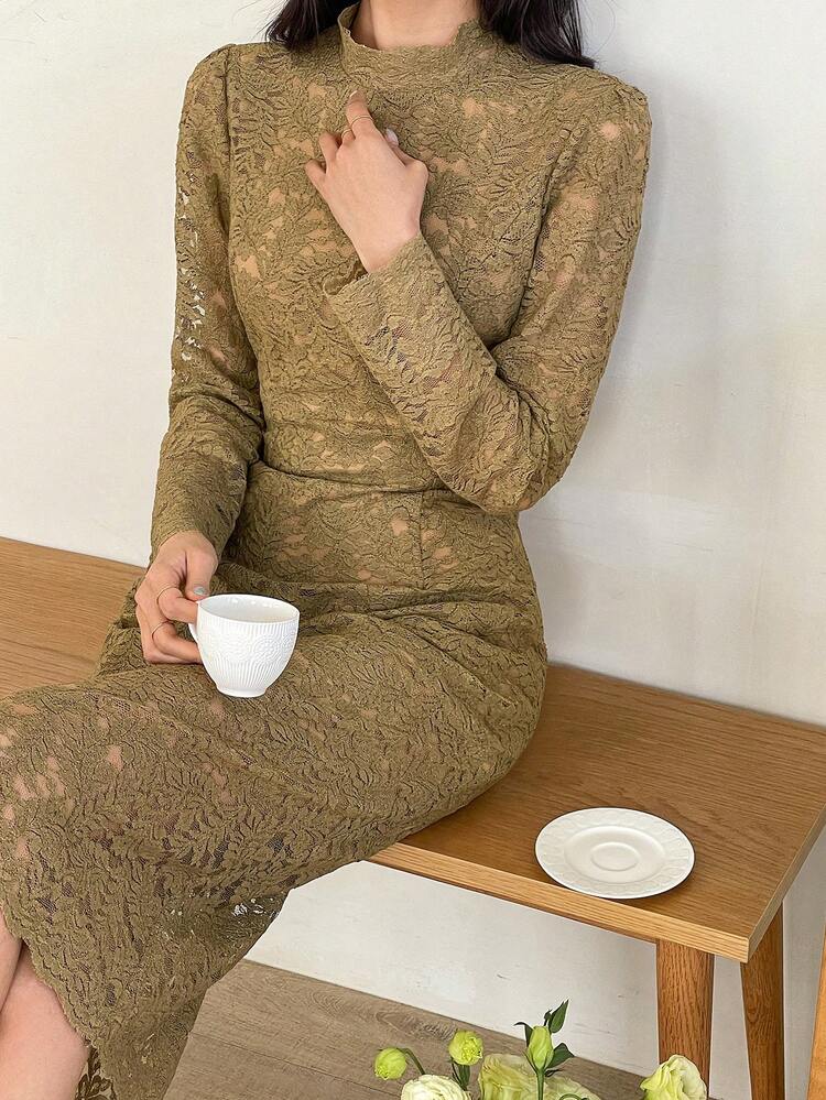 Elegant Lady-Like Lace Waisted Bodycon Midi Dress, Mature Vibe,Fall Dress Long Sleeve Dress Luxury Prom Dress