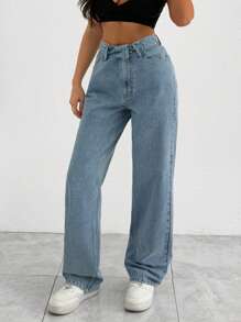 EURMUSE HIGH WAIST UPSIDE DOWN WAISTBAND DETAILED LOOSE STRAIGHT LEG JEAN - Light Wash - View 6