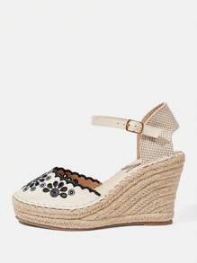 Styleloop Simple Canvas Strap Shoes With Elastic Band, Back Zipper, Faux Leather Perforated Round Toe, White Straw Thick Platform Wedge Sandals For Women