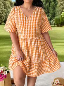 SHEIN EZwear Orange Plaid Short Sleeve V-Neck Plus Size Dress, Casual Vacation Summer /Spring,Elegant Vacation Outfits Woman Casual Wedding Guest Dress, Sun Dress