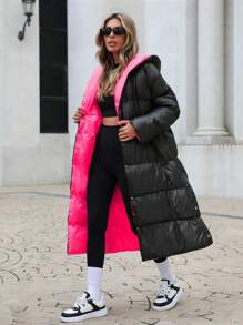 EURMUSE Button Up Hooded Puffer Coat, Ladies Winter Casual Button Front, Pocket Regular Sleeve Hooded Loose Black Plain Women Padded Coats, Winter Warmth/ Winter Fashion - Black - View 3