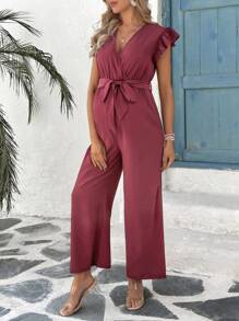 SHEIN Mono de piernas anchas cómodo para mujeres embarazadas, color borgoña