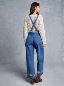 WESTFADE Spring Floral Embroidered Wide Leg Denim Overalls - Medium Wash - View 2