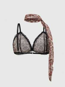 ROMWE Grunge Punk Plus Size Y2K Wild Gothic Punk Leopard Lace Triangle Bra, Thong, Ruffled Mini Skirt 3pcs Sexy Lingerie Set - Multicolor - View 4
