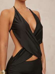 Lumalex Vestido de mujer con cuello en V profundo, drapeado, espalda descubierta y minifalda con cruce delantero - Negro - Ver 8