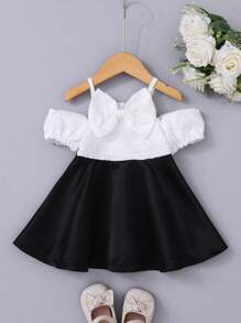 Baby Mädchen Kleid mit floraler Textur, ärmelloser offener Schulter, Puffärmel, Schleifen-Dekoration und Einsätzen, schwarz, geeignet für Ausflüge, Familienfeiern, Geburtstage, Partys, Frühling/Sommer/Herbst