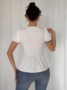 Chiquease Women Casual Hollow Out Collar Contrast Color Ruffle Hem Fitted Cute Short Sleeve Blouse - White - View 2