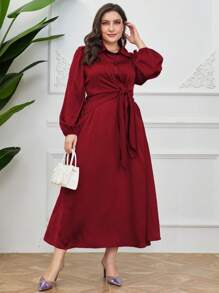 Modelyn Women's Plus Size Lantern Sleeve Layered Dress With Tie Bow, Elegant Satin Party Dress - Multicolor - View 4