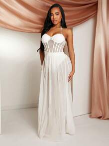 SHEIN SXY 春夏情人节服装优雅婚礼宾客老钱波西米亚风度假白色高弹针织网眼透视高开叉束腰款式吊带长款修身秋千连衣裙