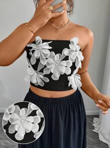 Celure Top corto entallado de talla grande con diseño floral 3D para mujer en verano