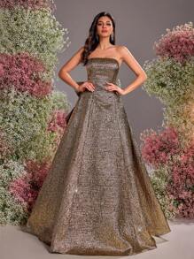 Glamrae 优雅华丽的提花缎带筒裙，配有可拆卸大蝴蝶结和超大下摆，婚礼宾客礼服，适合婚礼活动、单身派对、生日舞会、假期返校季、婚礼季晚礼服、派对礼服、正式礼服、晚礼服、长袍 - 金色 - 查看 4