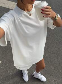 Muchica Women's White Waffle Knit Oversized T-Shirt And Shorts Set: Casual Two-Piece Outfit