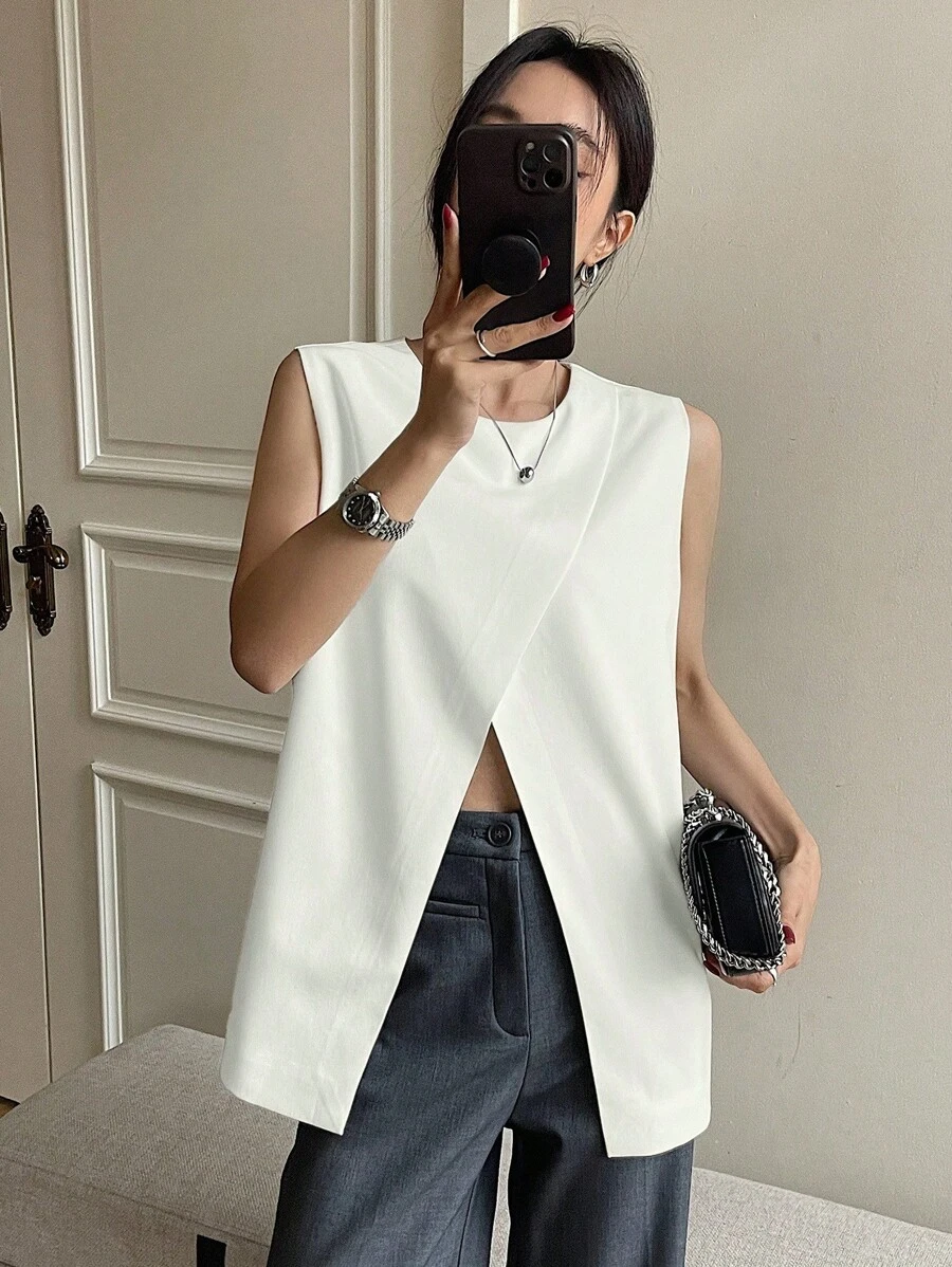 DAZY 女士休闲商务无袖上衣，纯色开衩背心