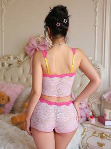 SHEIN 2 件套花卉蕾丝双色蝴蝶结透明性感内衣套装，粉色 - 粉色 - 查看 2