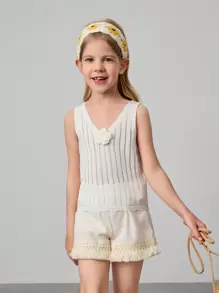 Maija Kids Maija Kids Áo ba lỗ dệt kim họa tiết hoa màu trơn bó sát cho bé gái - trắng - Xem 6