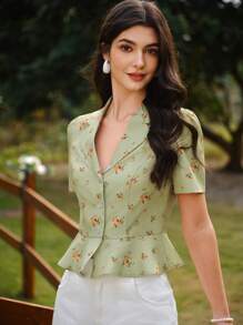 Vintamour Vintage Floral Print Ruffled Collar Fitted Blouse, Green Short Sleeve Casual Shirt, Spring/Summer Summer For Women Vacation Woman Going Out Tops Women Country Women Green Top Flower Top Easter St Patrick Going Out Tops Spring Break Cute Tops Button Up Shirt Women Country Women Floral St Patrick Day Shirt Button Up Shirt Women Teacher For Women Brunch For Women Tea Party - Green - View 6