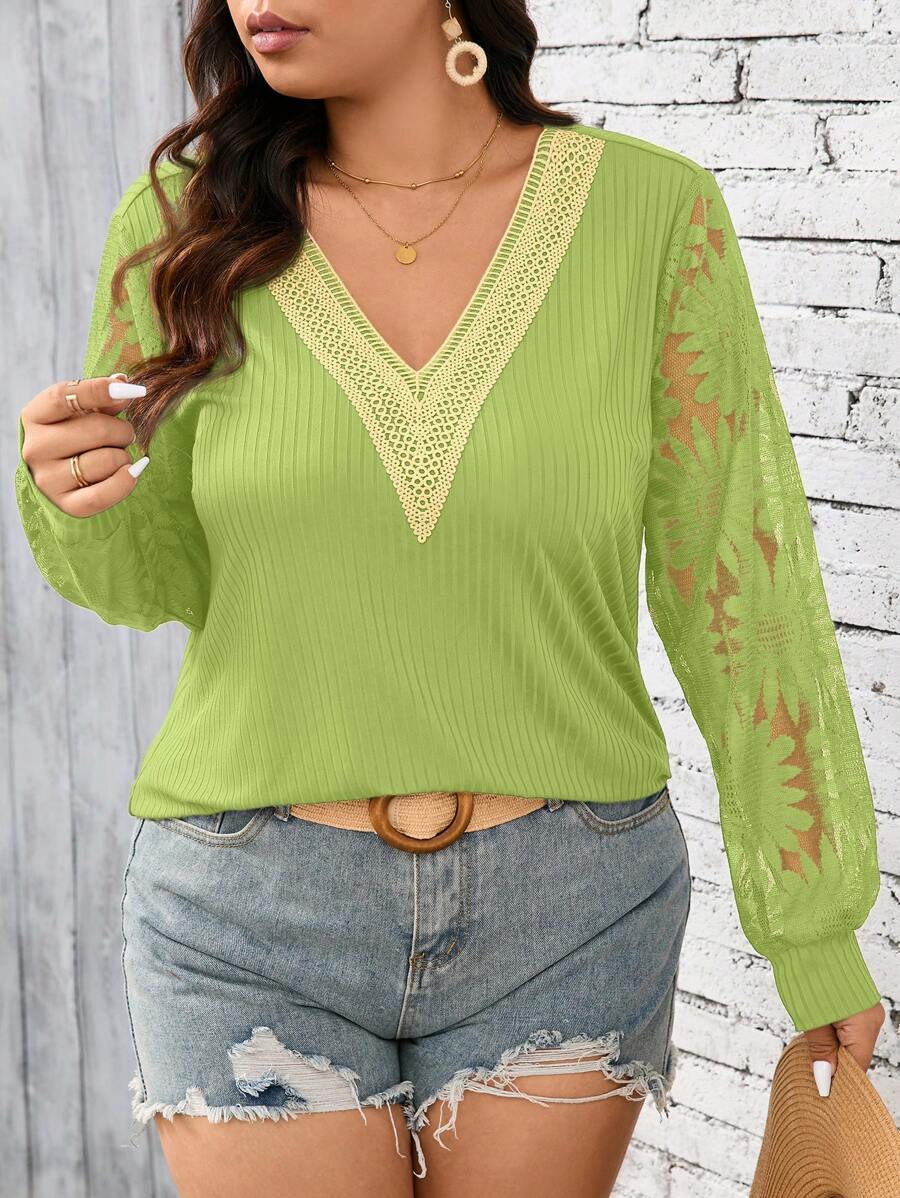 SHEIN Frenchy Plus Size Solid Color Long Sleeve T-Shirt, Simple Casual Everyday Wear - Green - View 1
