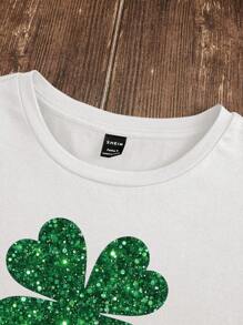 SHEIN Essnce 1pc Clover Print Round Neck Short Sleeve Tee - White - View 6