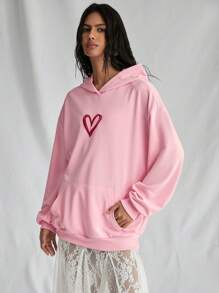 SHEIN Unity 1pc Bohemian Style Women Pink Sweatshirt With 3D Heart Embroidery, Cute & Loose Fit, Autumn/Winter Pullover Fall - Pink - View 1
