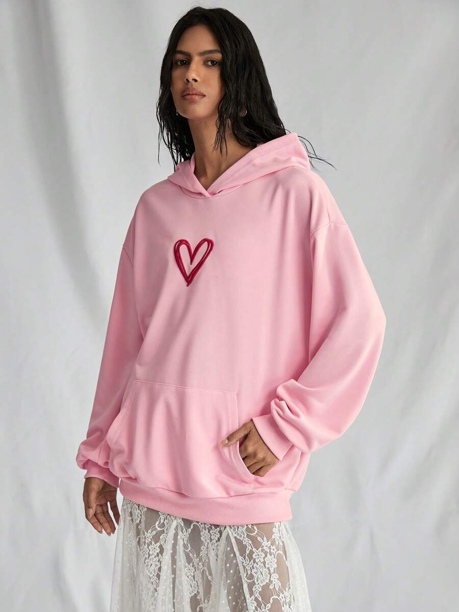 SHEIN Unity 1pc Bohemian Style Women Pink Sweatshirt With 3D Heart Embroidery, Cute & Loose Fit, Autumn/Winter Pullover Fall - Pink - View 1