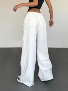 SHEIN EZwear New Spring/Summer Solid White Wide Leg Pants With Belt - White - View 2