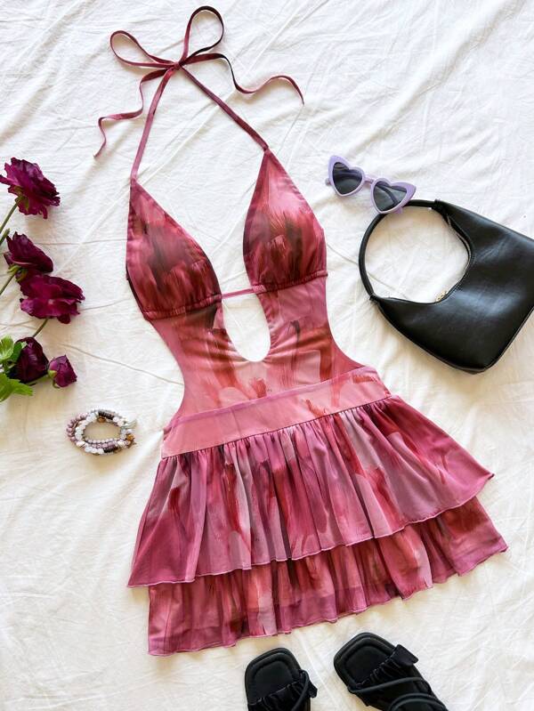 Soleia Women's Retro Tie-Dye Pattern V-Neck Backless Tie-Up Ruffle Hem Bodycon Mini Dress, Suitable For Party, Sexy Date, Afternoon Tea, Street, Vacation, Music Festivals, Beach, Summer Outfit,Summer Dresses,Sun Dress
Spring Clothes