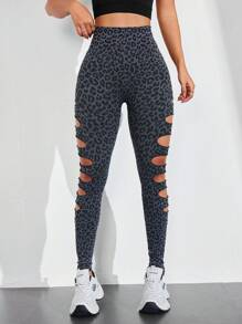 Slayoga 1 pezzo Leggings corti e strappati con stampa leopardata per la corsa