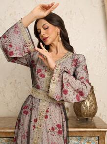 Al Najma 女士粉色花卉印花双层高腰长款素雅卡夫坦