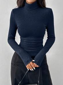 SHEIN EZwear 海军蓝加大码女式高腰长袖褶皱修身T恤 - 藏蓝色 - 查看 3
