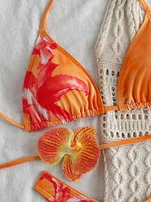 Swim EVENT Spring Break Summer Vacation Floral Print Halter Neck Tie-Up 3-Piece Bathing Suit With High Cut Bottoms Bikini Set - Multicolor - View 7