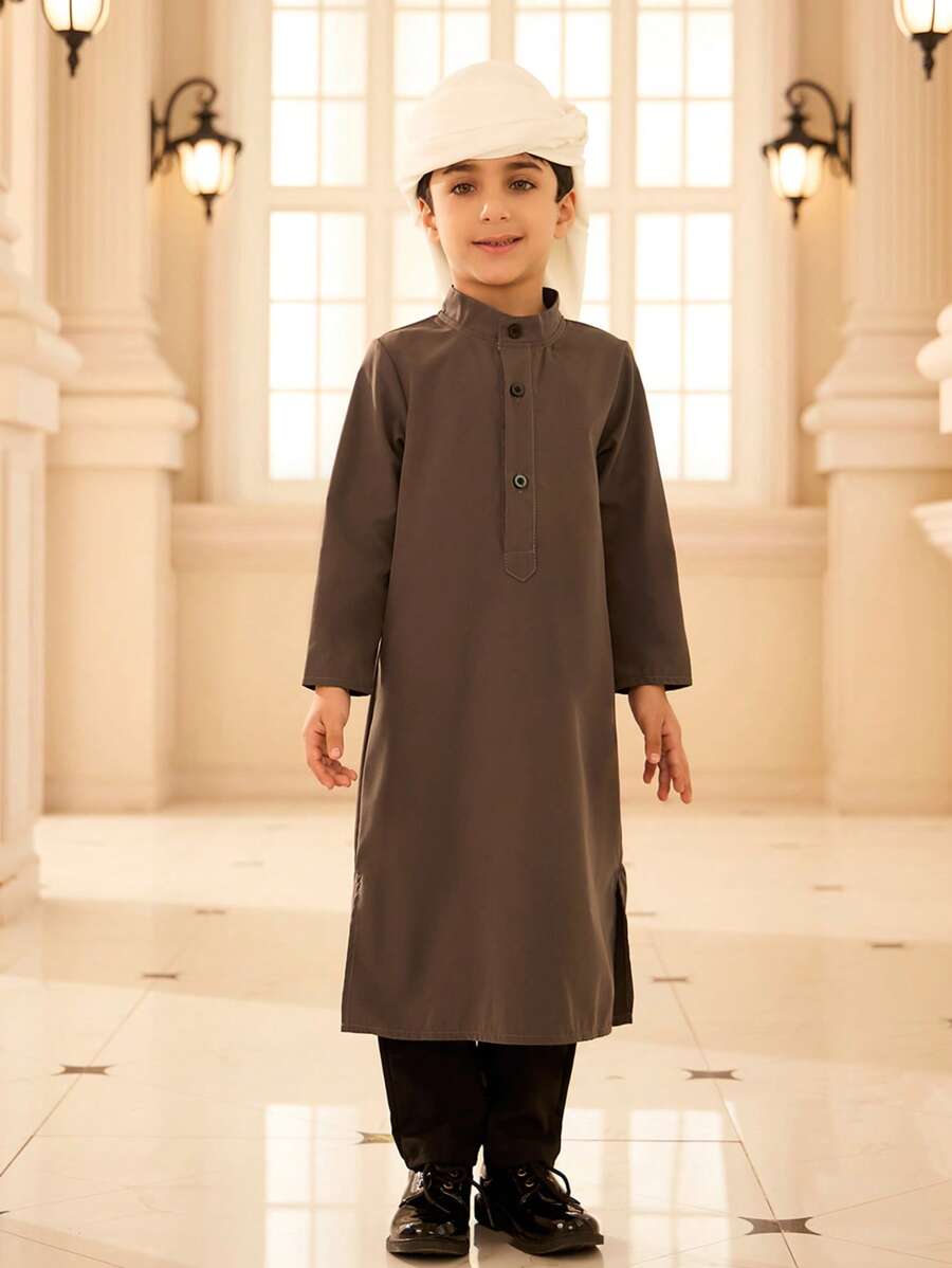 SHEIN 2pcs Young Boy Set: Solid Color Button Half Placket Long Sleeve Top And Pants