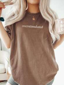 INAWLY Casual Loose Simple Letter Print Short Sleeve T-Shirt - Khaki - View 1