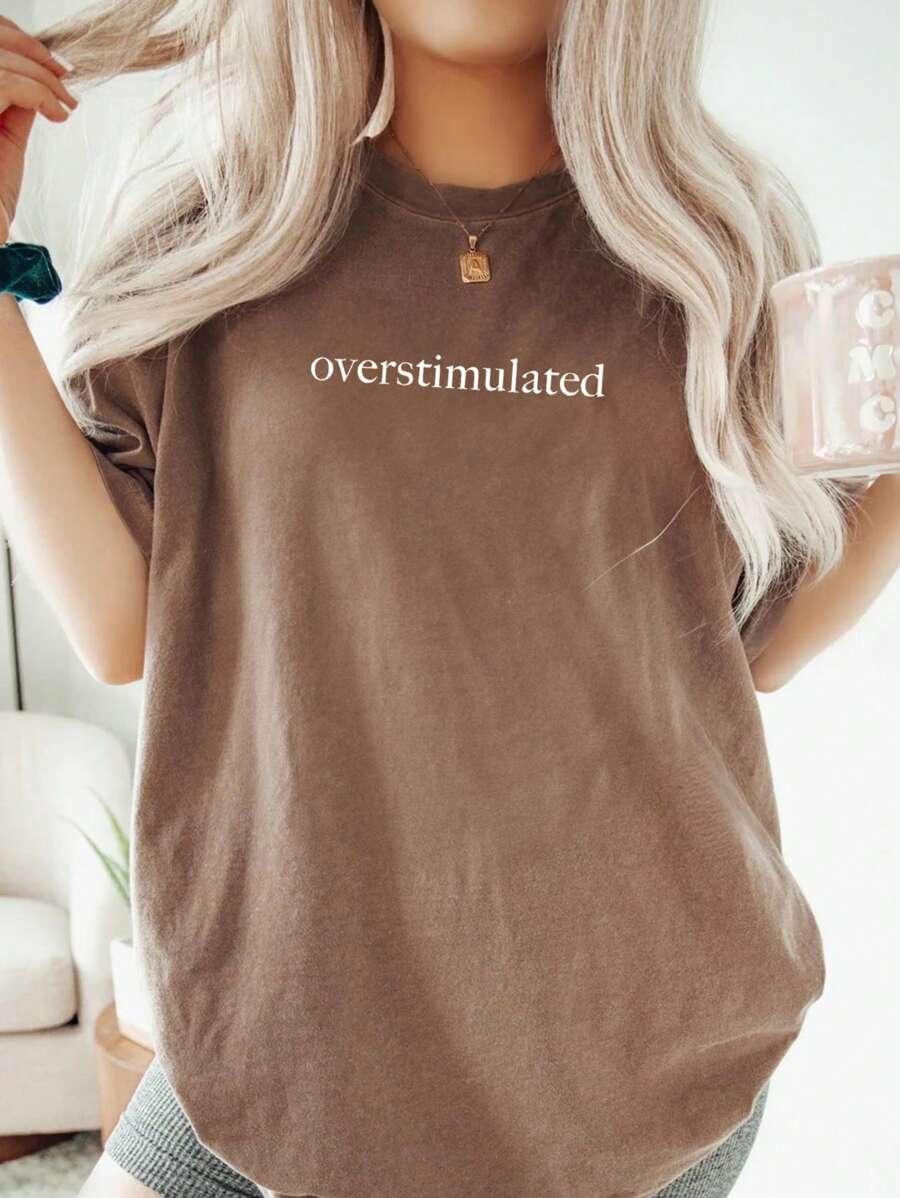 INAWLY Casual Loose Simple Letter Print Short Sleeve T-Shirt - Khaki - View 1