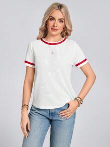 SHEIN LUNE Camiseta de manga corta con cuello redondo, bloque de color y cinta para mujer, estilo veraniego, western y de concierto rave - Blanco - Ver 3