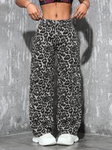 SHEIN PETITE Quần Jeans Ống Rộng Họa Tiết Da Báo Thường Ngày Cho Nữ - Nhiều màu - Xem 1