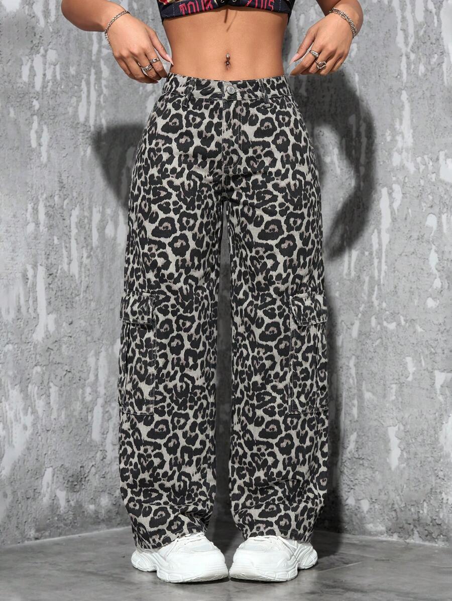 SHEIN PETITE Quần Jeans Ống Rộng Họa Tiết Da Báo Thường Ngày Cho Nữ - Nhiều màu - Xem 1