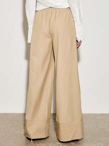 AiiRZ Pinstripe Wide Leg Palazzo Pants With Drawstring Waist, Casual Elegant Office Wear Trousers, Professional Business Casual Lounge Pants With Contrast BAnd Detail - Multicolor - View 2