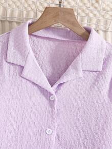 Girls Purple Collared Short Sleeve Blouse + Casual Loose Pants (Family Matching Outfits, 2 Sets Sold Separately) - Mauve Purple - View 4