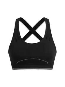 Easithlete Minimalist Contrast Trim Criss-Cross Back Seamless Sports Bra - Black - View 3
