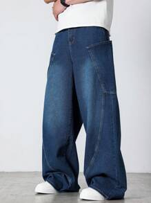 Manfinity Hypemode Men's Pocket Wide Leg Relaxed Casual Versatile Denim Jeans - Blue - View 1