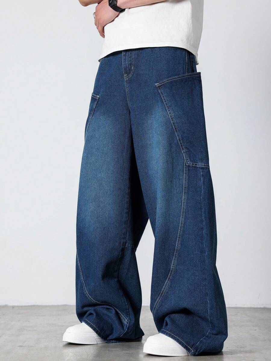 Manfinity Hypemode Men's Pocket Wide Leg Relaxed Casual Versatile Denim Jeans - Blue - View 1