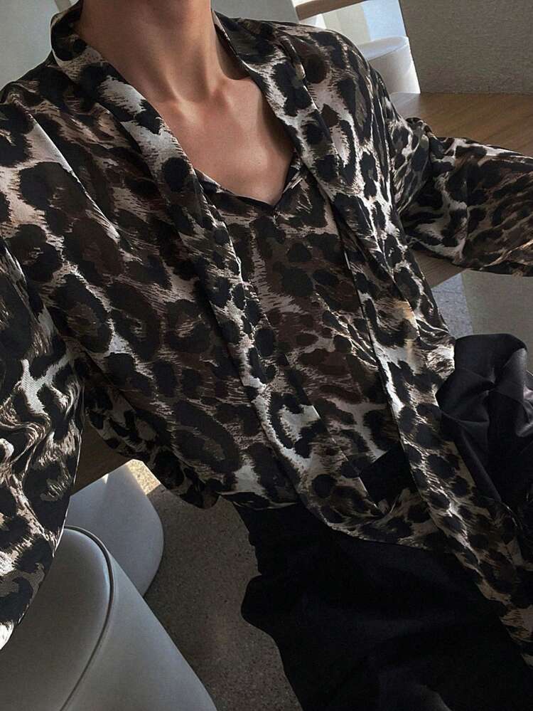 Women's Leopard Print Long Sleeve Loose Blouse With Tie Cuff