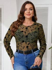 SHEIN Frenchy Große Größen Transparente Bluse mit Blumenmuster und Flockmuster für Damen